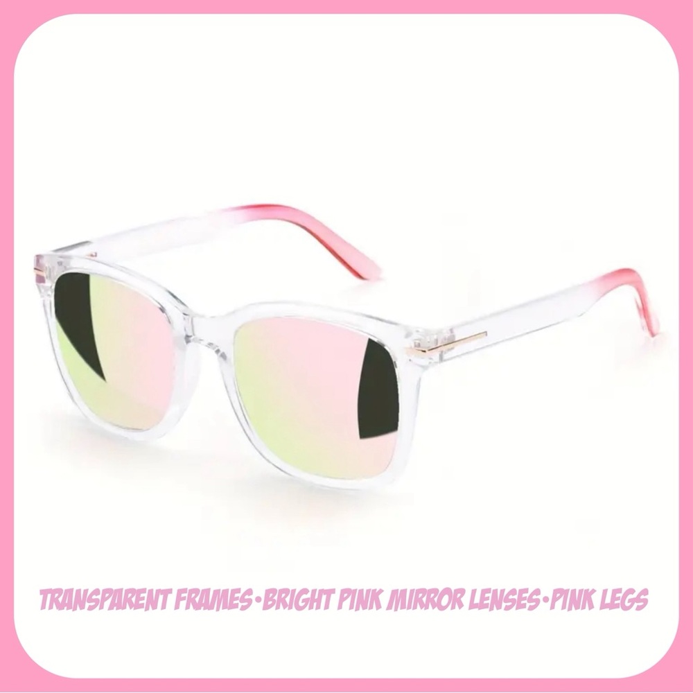 BRIGHT PINK MIRROR SUNGLASSES WITH CLEAR FRAMES AND PINK LEGS-NEW - Picture 3 of 6
